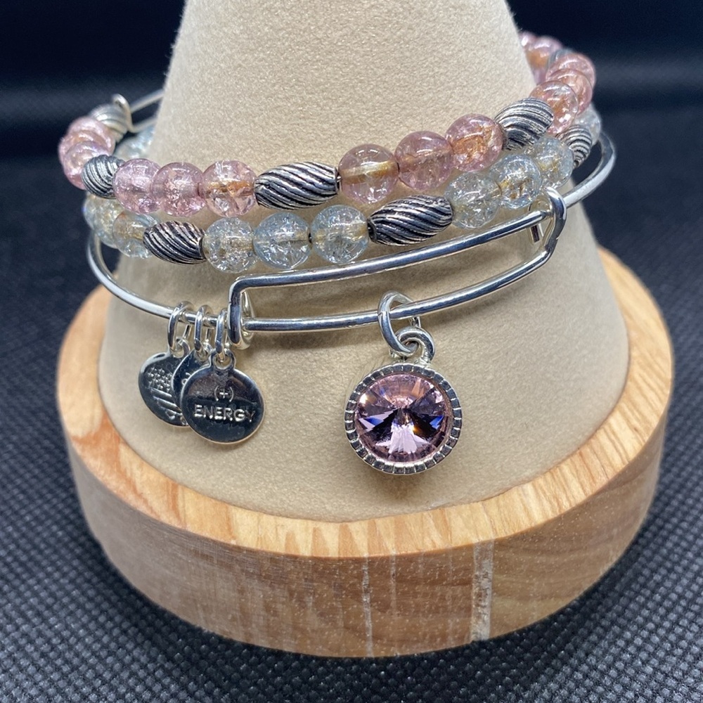 Alex & Ani Set of 3/Silver&Crystal Beaded & October Birthstone Charm Bangles/GC